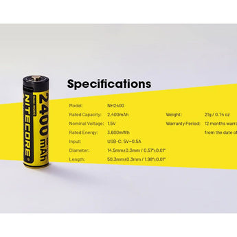 Nitecore NH2400 AA 2400mAh / 3600mWh 1.5V Rechargeable Protected Lithium-Ion Button Top Battery Kit - Includes 4 x AA Batteries and 1 x USB-C Charging Cable