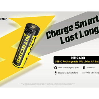 Nitecore NH2400 AA 2400mAh / 3600mWh 1.5V Rechargeable Protected Lithium-Ion Button Top Battery Kit - Includes 4 x AA Batteries and 1 x USB-C Charging Cable
