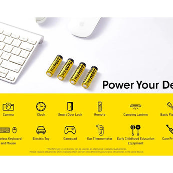 Nitecore NH2400 AA 2400mAh / 3600mWh 1.5V Rechargeable Protected Lithium-Ion Button Top Battery Kit - Includes 4 x AA Batteries and 1 x USB-C Charging Cable