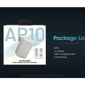 Nitecore AP10 USB-C Rechargeable Ultra Compact Electric Air Pump - Uses Built-in 3600mAh Li-ion Battery Pack