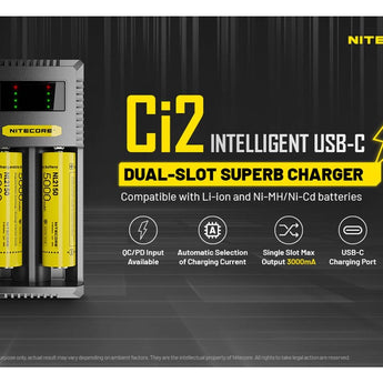 Nitecore Ci2 Dual-Slot USB-C Smart Charger for Li-ion, Ni-Cd and NiMH Batteries