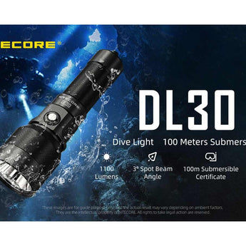 Nitecore DL30 LED Diving Flashlight - 1100 Lumens - Includes 1 x NL2153R
