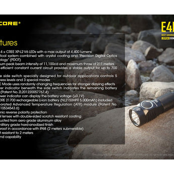 Nitecore E4K Compact EDC Flashlight - 4 x CREE XP-L2 V6 - 4400 Lumens - Uses 1 x USB-C Rechargeable 21700 (Included) or 2 x CR123A or 2 x RCR123