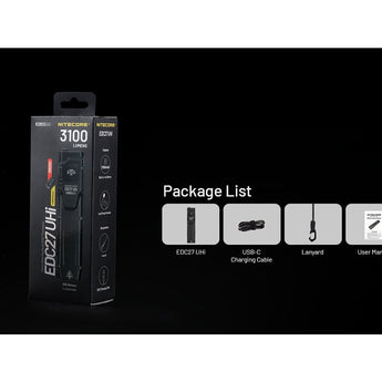 Nitecore EDC27 UHi USB-C Rechargeable LED Flashlight - 3100 Lumens - NiteLab UHi 20 - Uses Built-in 3.7V 1700mAh Li-ion Battery Pack