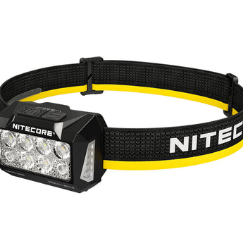 Nitecore headlamp with black and yellow strap on a white background