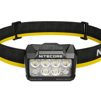 Nitecore headlight with black and yellow strap on a white background
