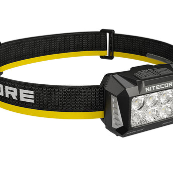 Nitecore headlight with black and yellow strap on a white background