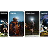 Four scenes showing people engaging in outdoor activities at night with headlamps.