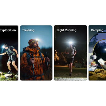 Four scenes showing people engaging in outdoor activities at night with headlamps.