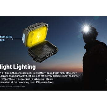 Person using a flashlight with text highlighting features on a dark background