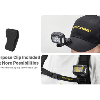 Nitecore headlamp and clip on a white background