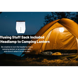 Camping scene with illuminated tent and diffusing stuff sack included text.