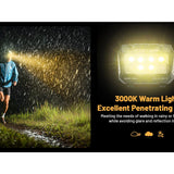 Person running in rain with a flashlight and a light bar labeled '3000K Warm Light' on a dark background.