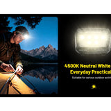 Person using a headlamp outdoors with mountains in the background, alongside a light source labeled '4500K Neutral White Light'.