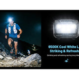 Person running on a rocky trail at night with a headlamp, alongside a close-up of the headlamp and text about 6500k cool white light