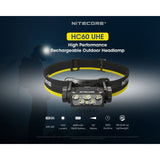 Nitecore HC60 UHE USB-C Rechargeable LED Headlamp - 1600 Lumens - 6 x NiteLab UHE LEDs - Includes 1 x 18650