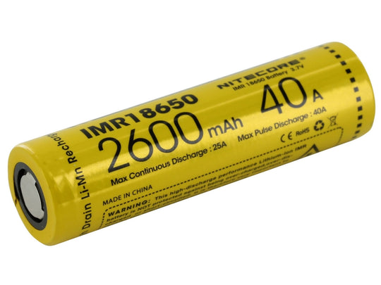 Nitecore IMR 18650 2600mAh 3.7V Unprotected High-Drain 40A Lithium Manganese (LiMn2O4) Flat Top Battery - Boxed