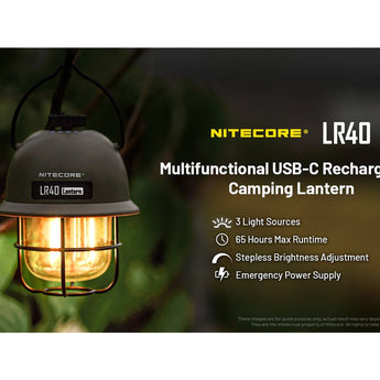 Nitecore LR40 USB-C Rechargeable LED Lantern - 100 Lumens - Uses Built-in 4000mAh Li-ion Battery Pack - in Army Green or White