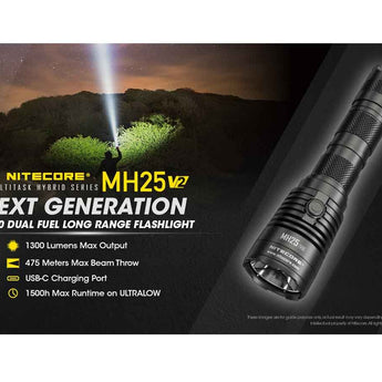 Nitecore MH25-V2 Dual Fuel Long Range USB-C Rechargeable LED Flashlight - 1300 Lumens - Includes 1 x 21700