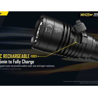 Nitecore MH25-V2 Dual Fuel Long Range USB-C Rechargeable LED Flashlight - 1300 Lumens - Includes 1 x 21700