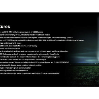 Nitecore MH40 Pro LED Flashlight - 3500 Lumens - NiteLab Uhi 40 Max - Includes 1 x NBP100R Li-ion Battery Pack