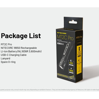 Nitecore MT2C Pro LED Flashlight - Uhi 20 - 1800 Lumens - Includes 1 x 18650 with USB-C Charging Port