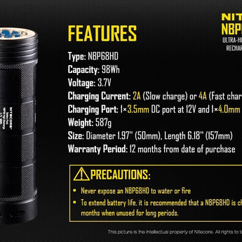 Nitecore NBP68HD 98Wh 3.7V High Performance Lithium Ion (Li-ion) Battery Pack for TM28, TM26, TM26GT, TM15, TM36, TM36 Lite, and TM38 Flashlights