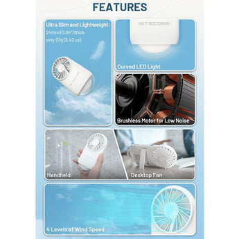 Nitecore NEF02 Multi-Purpose Rechargeable Pocket Fan - Uses Built-in 1200mAh Li-ion Battery Pack - White or Pink