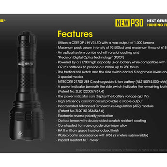 Nitecore Precise New P30 Compact Long-Range Hunting Flashlight - CREE XP-L HI V3 - 1000 Lumens - Includes 1 x 21700