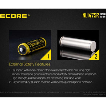 Nitecore NL147R 14500 750mAh 3.6V Protected 2A Lithium Ion (Li-ion) Button Top Battery with Micro USB Charging Port - Retail Card