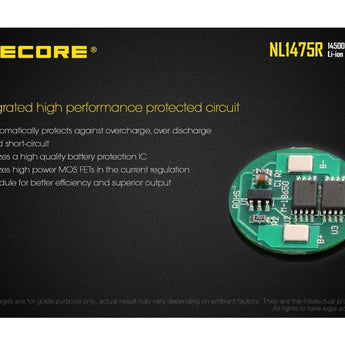 Nitecore NL147R 14500 750mAh 3.6V Protected 2A Lithium Ion (Li-ion) Button Top Battery with Micro USB Charging Port - Retail Card