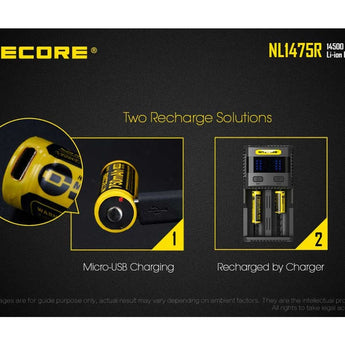 Nitecore NL147R 14500 750mAh 3.6V Protected 2A Lithium Ion (Li-ion) Button Top Battery with Micro USB Charging Port - Retail Card