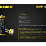 Nitecore NL147R 14500 750mAh 3.6V Protected 2A Lithium Ion (Li-ion) Button Top Battery with Micro USB Charging Port - Retail Card