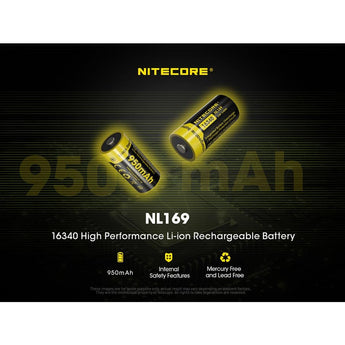 Nitecore NL169 RCR123A / 16340 950mAh 3.6V Protected Lithium Ion (Li-ion) Button Top Battery