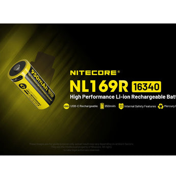 Nitecore NL169R 16340 950mAh 3.6V Lithium Ion (Li-ion) Button Top Battery with USB-C Charging Port
