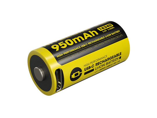 Nitecore NL169R 16340 950mAh 3.6V Lithium Ion (Li-ion) Button Top Battery with USB-C Charging Port