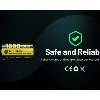 Nitecore NL1816R 18350 1600mAh 3.6V Lithium Ion (Li-ion) Button Top Battery with USB-C Charging Port