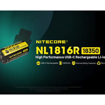Nitecore NL1816R 18350 1600mAh 3.6V Lithium Ion (Li-ion) Button Top Battery with USB-C Charging Port