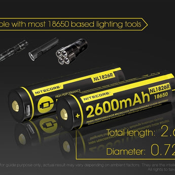 Nitecore NL1826R 18650 2600mAh 3.6V Protected Lithium Ion (Li-ion) Button Top Battery with Built In Micro-USB Charging Port