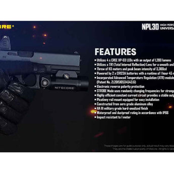 Nitecore NPL30 LED Weapon Light - 1200 Lumens - CREE XP-G3 - Includes 2 x CR123A