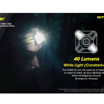 Nitecore NU05-V2-KIT USB-C Rechargeable Headlamp Mate - 40 Lumens - Uses Built-in Li-ion Battery Pack - Includes Headband, Bike Mount and Charging Cable