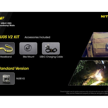 Nitecore NU05-V2-KIT USB-C Rechargeable Headlamp Mate - 40 Lumens - Uses Built-in Li-ion Battery Pack - Includes Headband, Bike Mount and Charging Cable