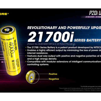 Nitecore P20i UV USB-C Rechargeable LED Flashlight - 1800 Lumens - Luminus SST-40-W - 320mW UV - Includes 1 x 21700 and NTH20 Holster