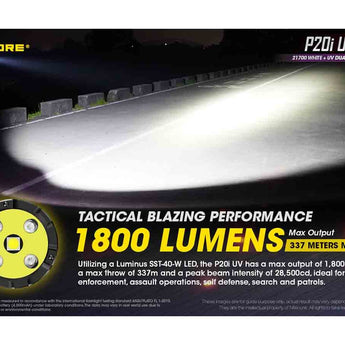 Nitecore P20i UV USB-C Rechargeable LED Flashlight - 1800 Lumens - Luminus SST-40-W - 320mW UV - Includes 1 x 21700 and NTH20 Holster
