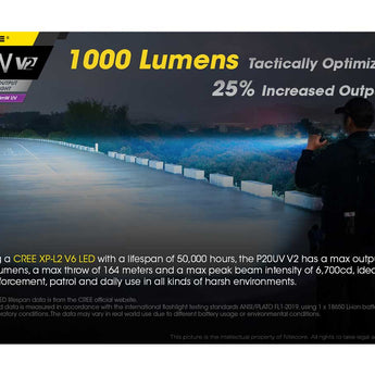 Nitecore P20 UV V2 Dual Output Tactical LED Flashlight - 1000 Lumens - 320mW UV Beam - CREE XP-L2 V6 - Uses 1 x 18650 or 2 x CR123A or 2 x RCR123A