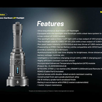Nitecore P35i USB-C Rechargeable Dual Beam LEP Flashlight - 6 x CREE XP-G3 and 1 x LEP - 3000 Lumens - Includes 1 x 21700