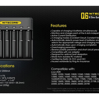 Nitecore Q6 6 Bay Battery Charger for Li-Ion, IMR Batteries - 2A Output - Fits 10440, 14500, 16500, 16340, 17500, 17650, 17670, 18350, 18490, 18500, 18650, 20700, 21700, 22650, 26500, 26650, and more