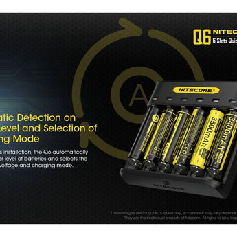 Nitecore Q6 6 Bay Battery Charger for Li-Ion, IMR Batteries - 2A Output - Fits 10440, 14500, 16500, 16340, 17500, 17650, 17670, 18350, 18490, 18500, 18650, 20700, 21700, 22650, 26500, 26650, and more