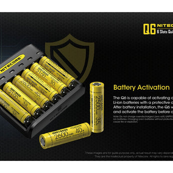 Nitecore Q6 6 Bay Battery Charger for Li-Ion, IMR Batteries - 2A Output - Fits 10440, 14500, 16500, 16340, 17500, 17650, 17670, 18350, 18490, 18500, 18650, 20700, 21700, 22650, 26500, 26650, and more
