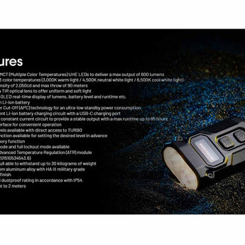 Nitecore TINI 3 USB-C Rechargeable LED Keylight - 600 Lumens - NiteLab MCT UHE - Uses Built-in 330mAh Li-ion Battery Pack - Black, Gray, or Orange